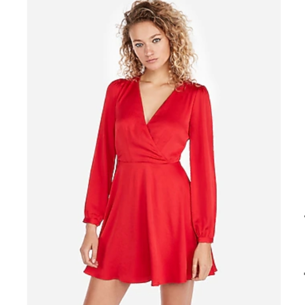 Express Long Sleeve Surplice Fit And Flare Dress